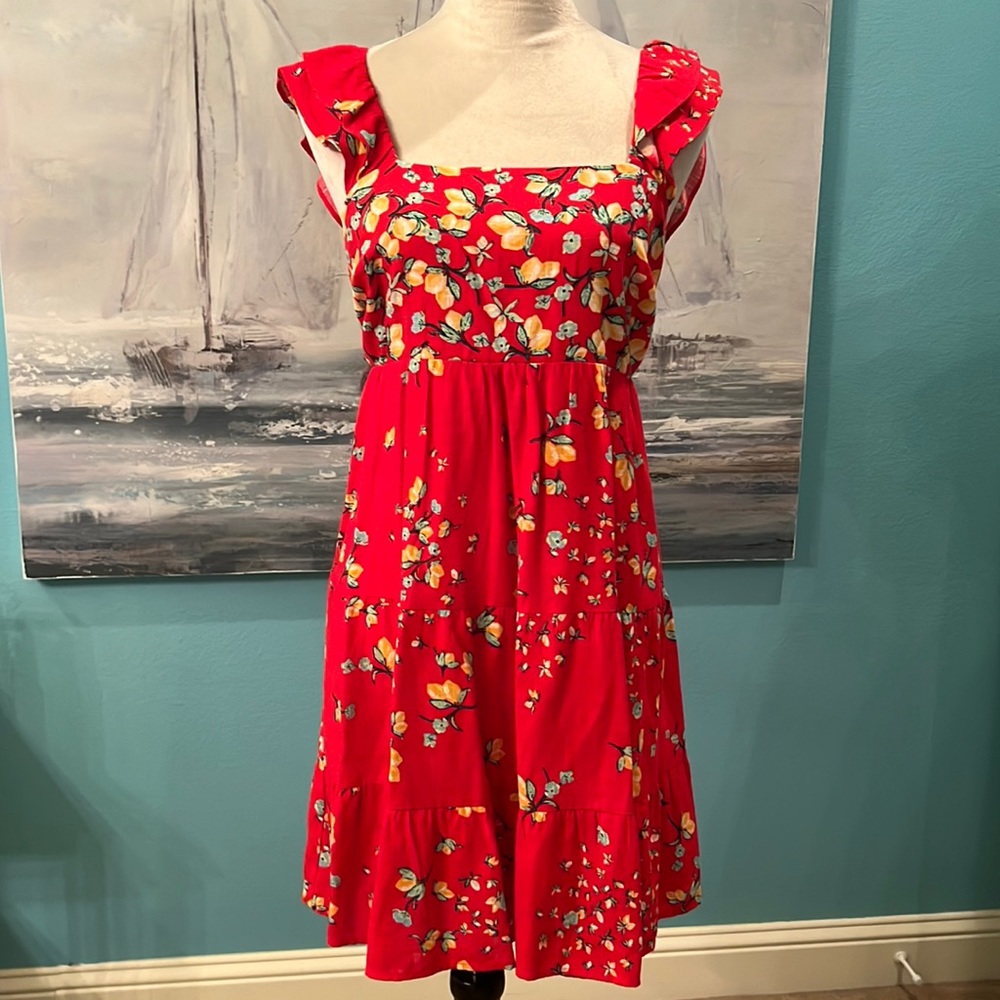 Lauren Conrad Red Back Tie Lemon Dress, Small